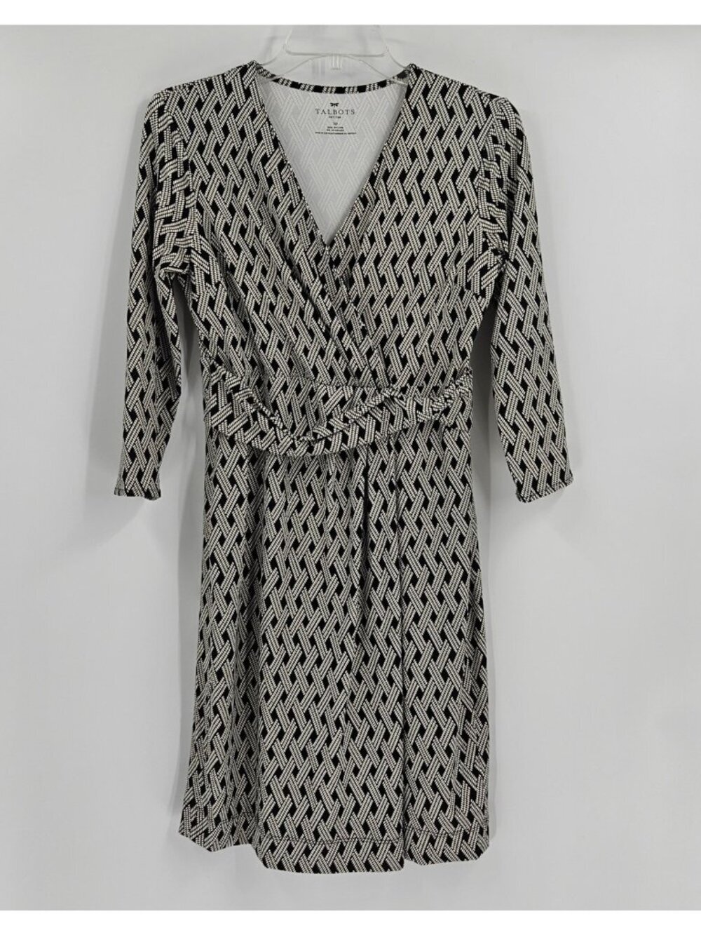 Talbots Petites Black White Geometric Faux Wrap Dress SP 3/4 Sleeve Stretch